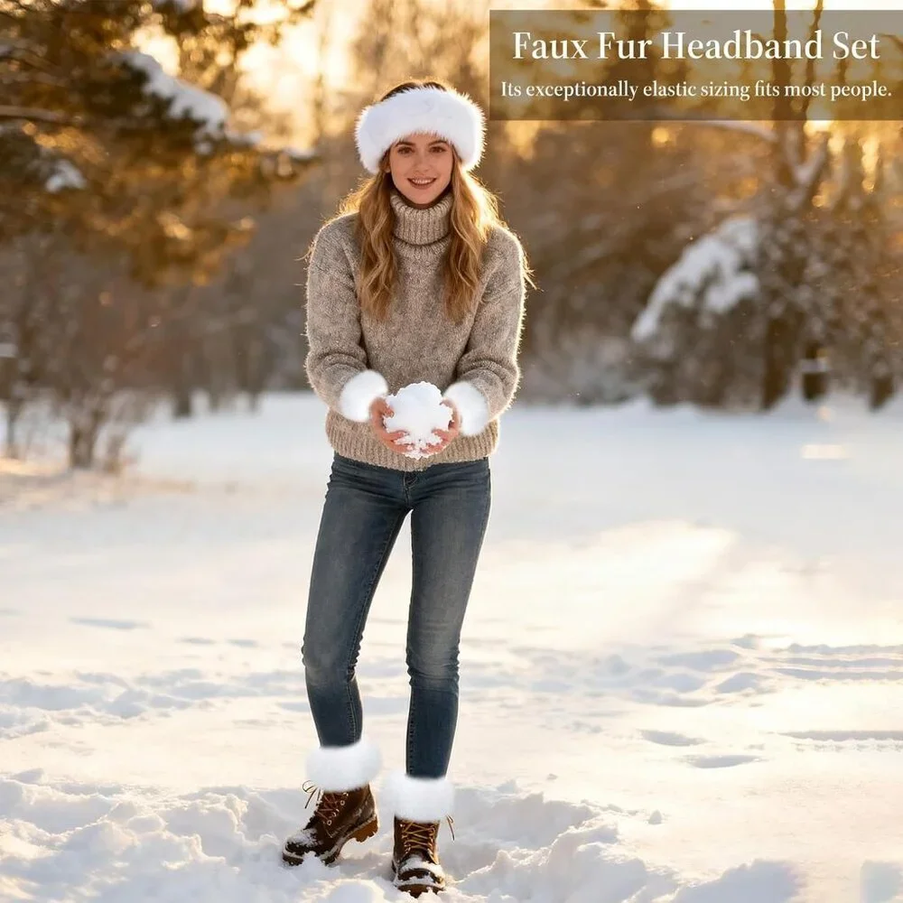 Faux Fur Headband Set with Wrist and Leg Warmers Winter Accessories Women